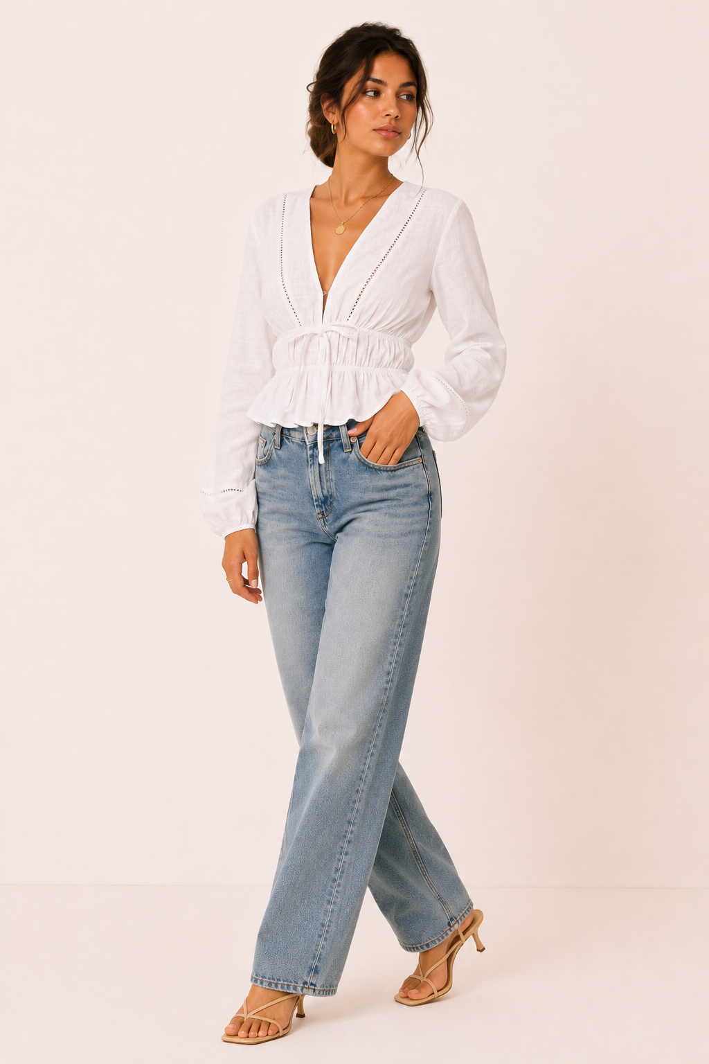 Blusa mujer escote V manga larga lazo frontal cintura marcada - Vera