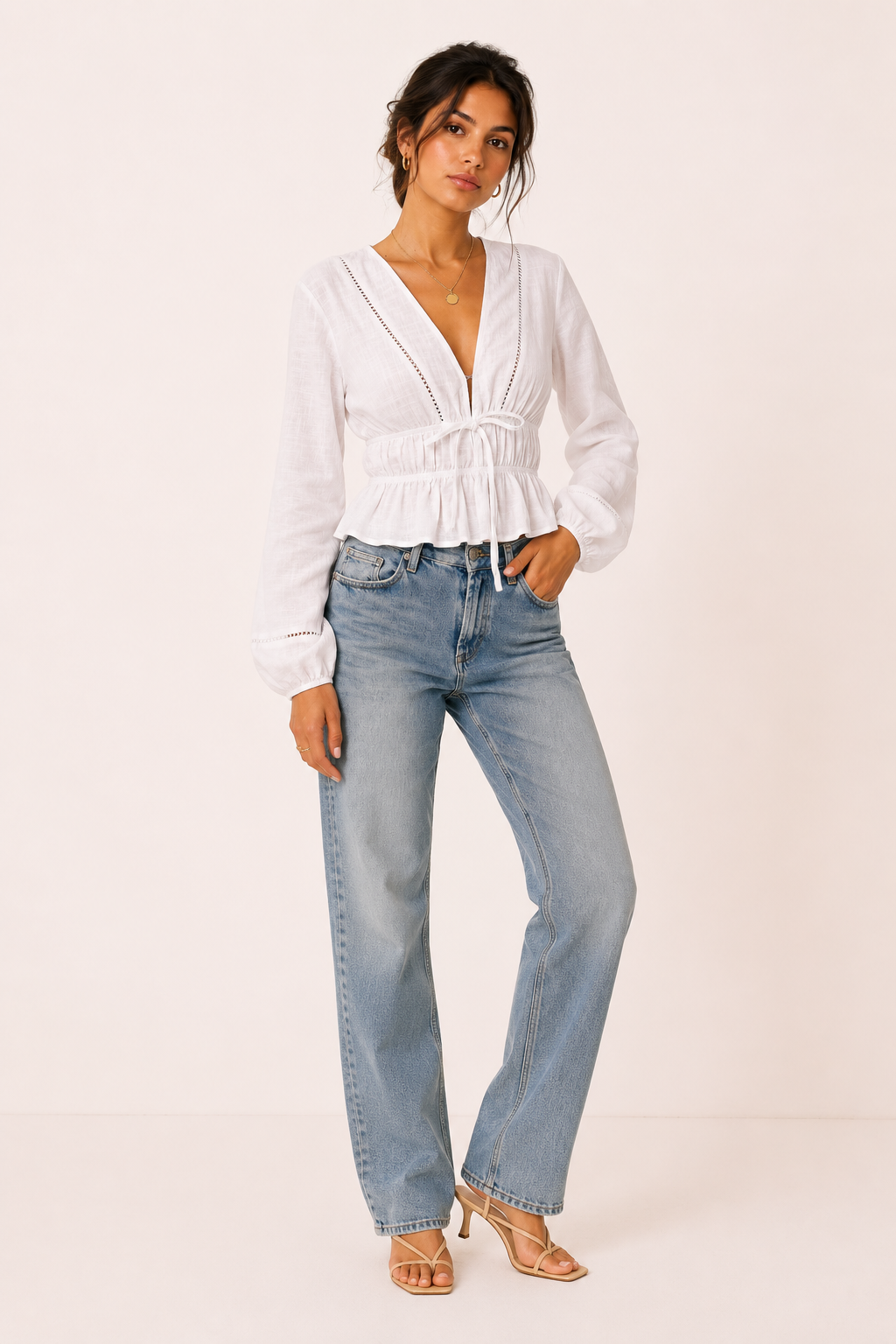 Blusa mujer escote V manga larga lazo frontal cintura marcada - Vera