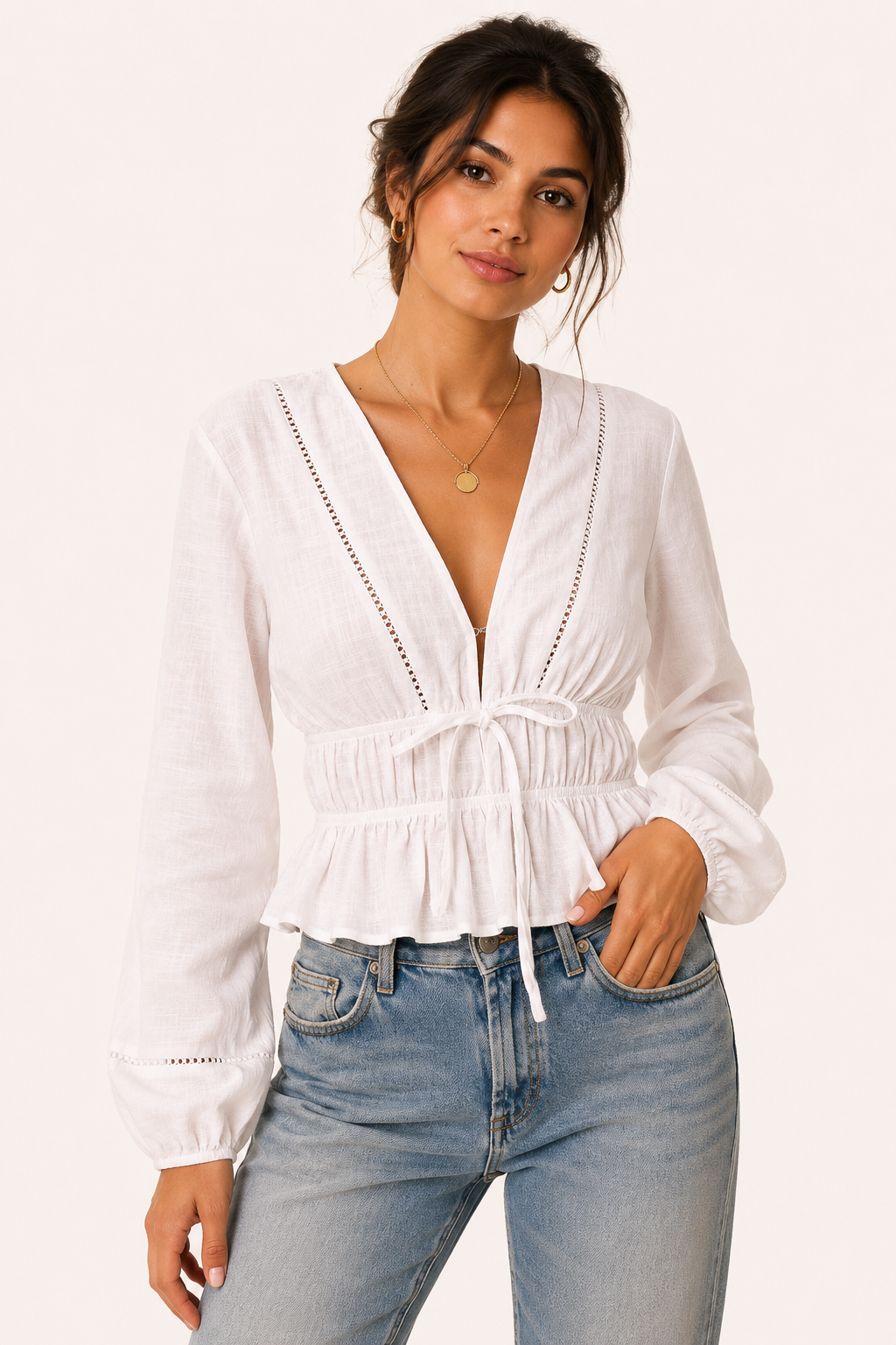Blusa mujer escote V manga larga lazo frontal cintura marcada - Vera