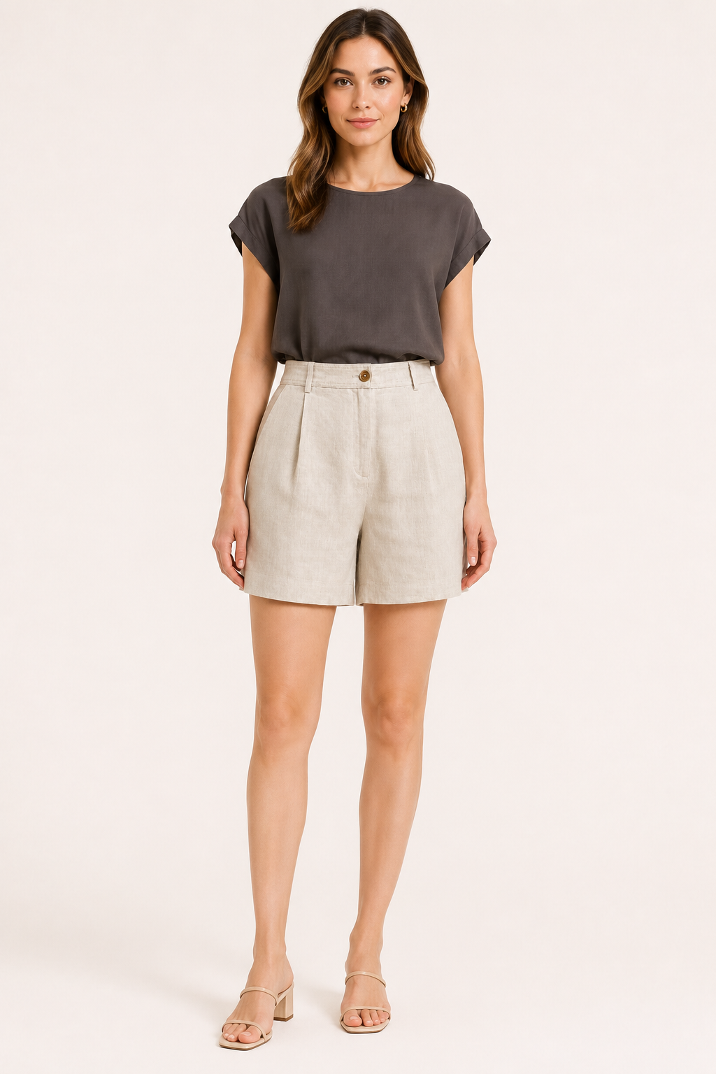 Short mujer lino algodón tiro alto pinzas frontales trabillas cinturón - Holly
