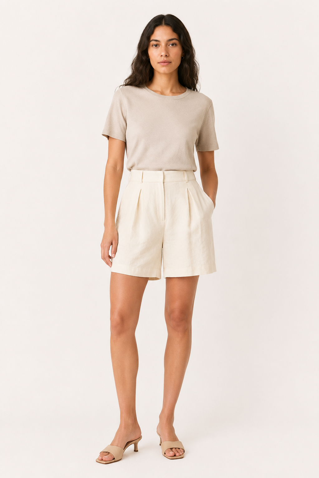 Short mujer lino algodón tiro alto pinzas frontales trabillas cinturón - Holly
