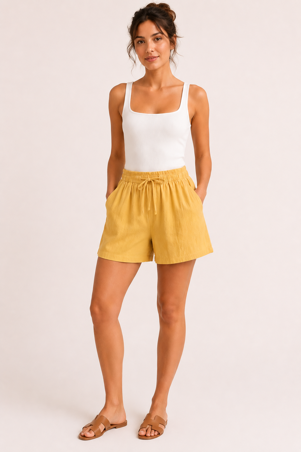 Short mujer lino algodón cintura elástica cordón pierna amplia casual - Anja