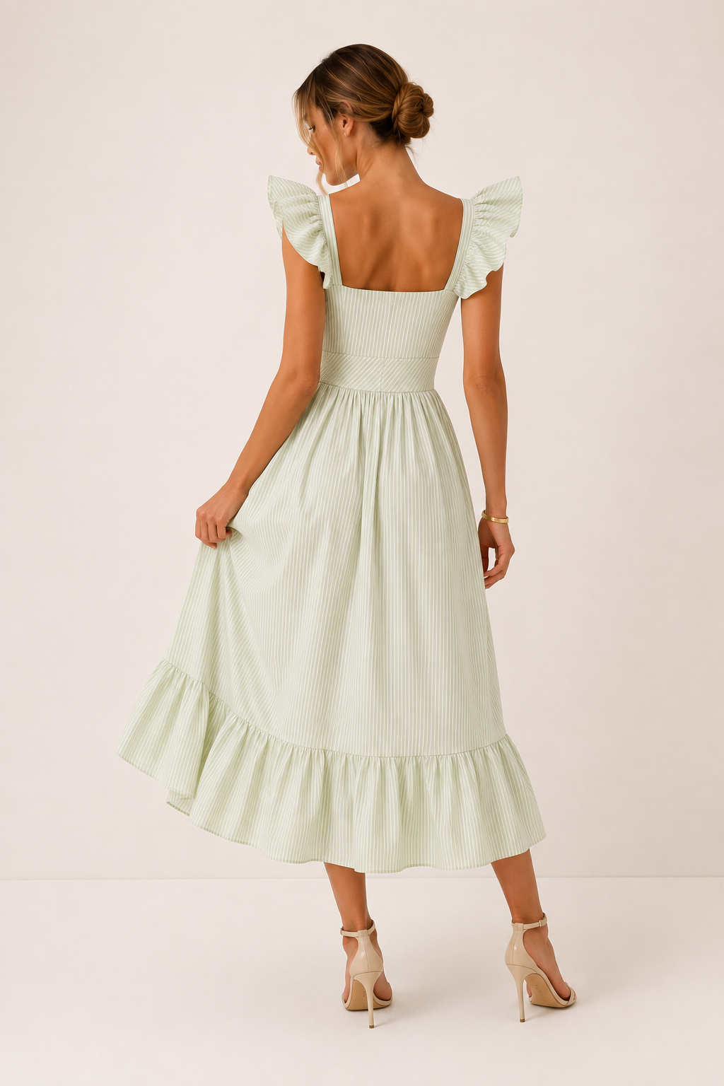 Vestido midi mujer rayas finas mangas volante escote amplio - Elina