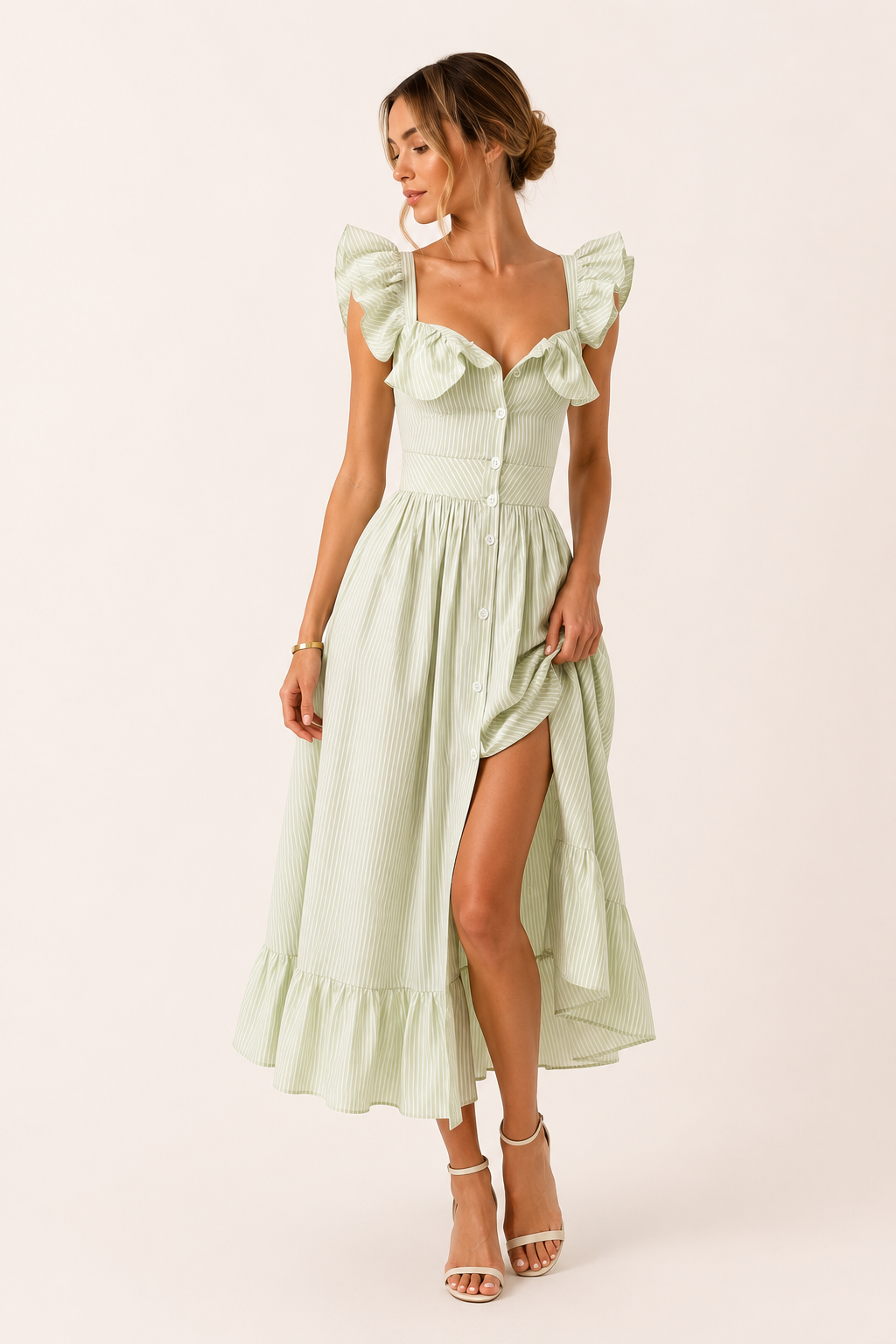 Vestido midi mujer rayas finas mangas volante escote amplio - Elina