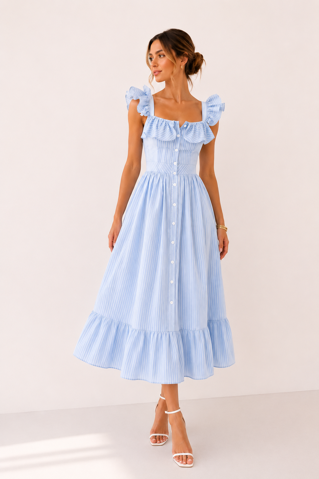 Vestido midi mujer rayas finas mangas volante escote amplio - Elina