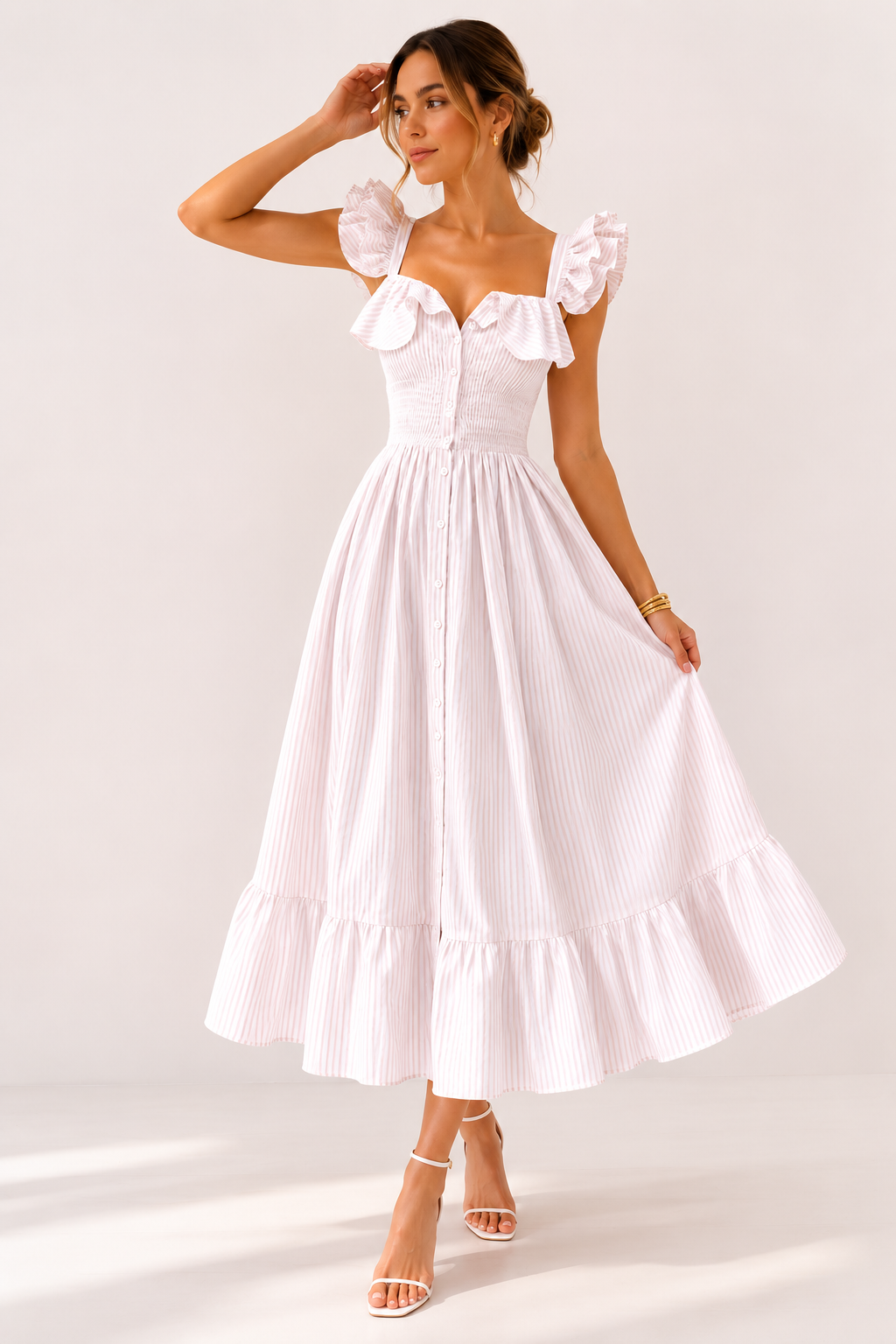 Vestido midi mujer rayas finas mangas volante escote amplio - Elina