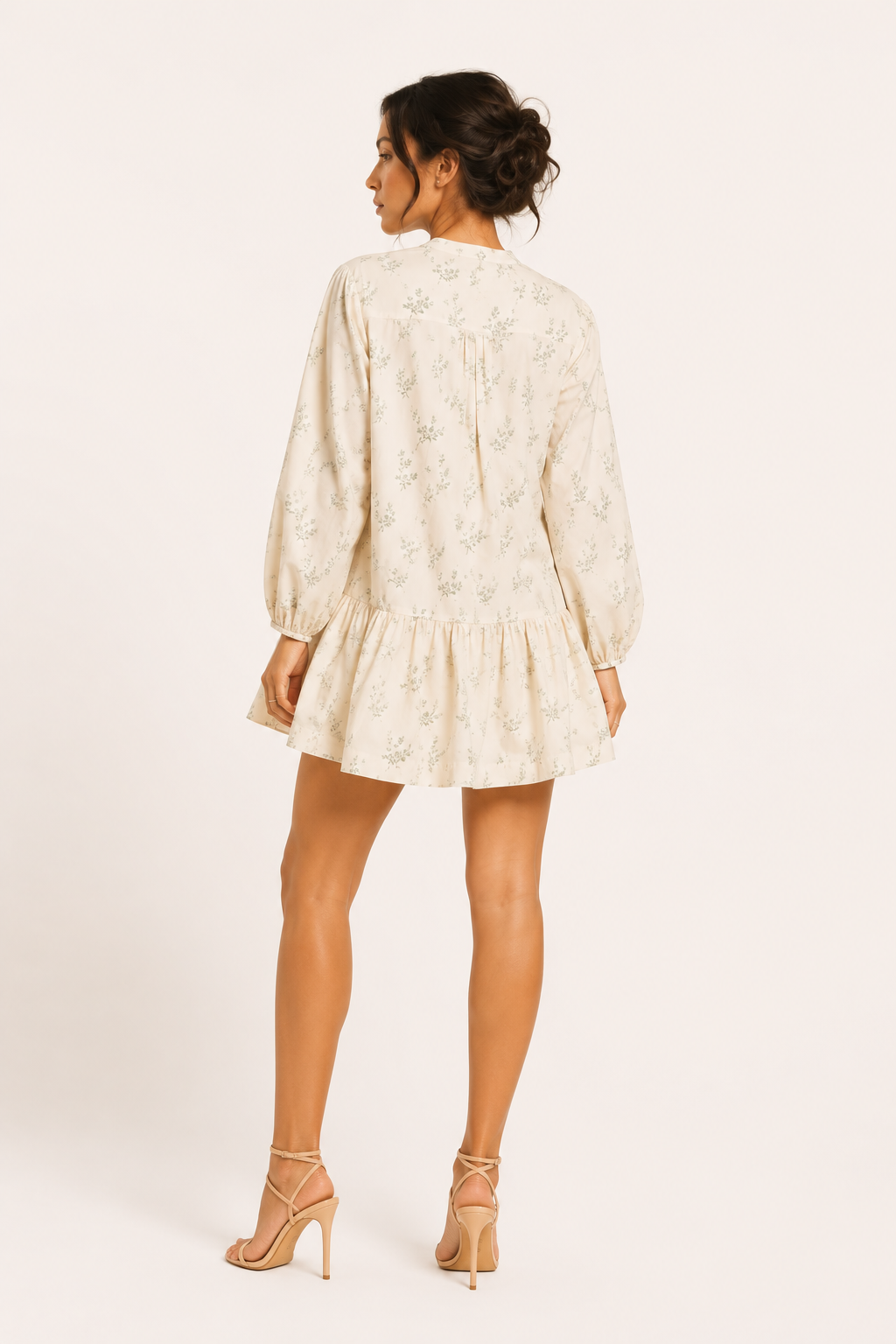 Vestido corto mujer floral cuello alto mangas globo volante bajo - Amelie