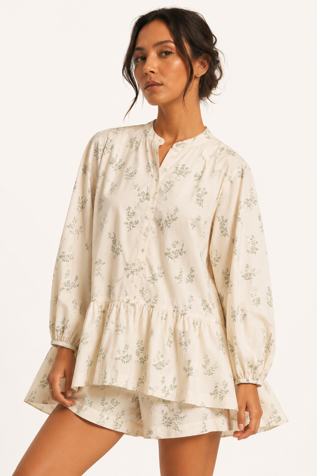 Vestido corto mujer floral cuello alto mangas globo volante bajo - Amelie