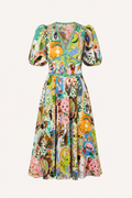 Vestido midi mujer estampado artístico colorido mangas abullonadas verano - Matilda