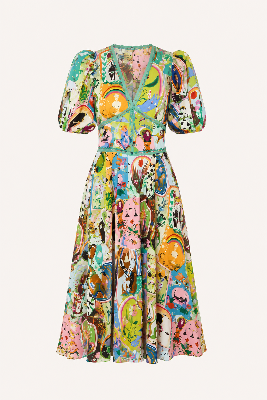 Vestido midi mujer estampado artístico colorido mangas abullonadas verano - Matilda