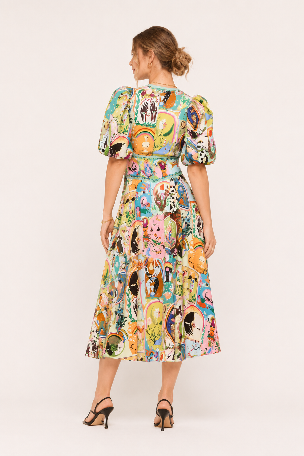 Vestido midi mujer estampado artístico colorido mangas abullonadas verano - Matilda