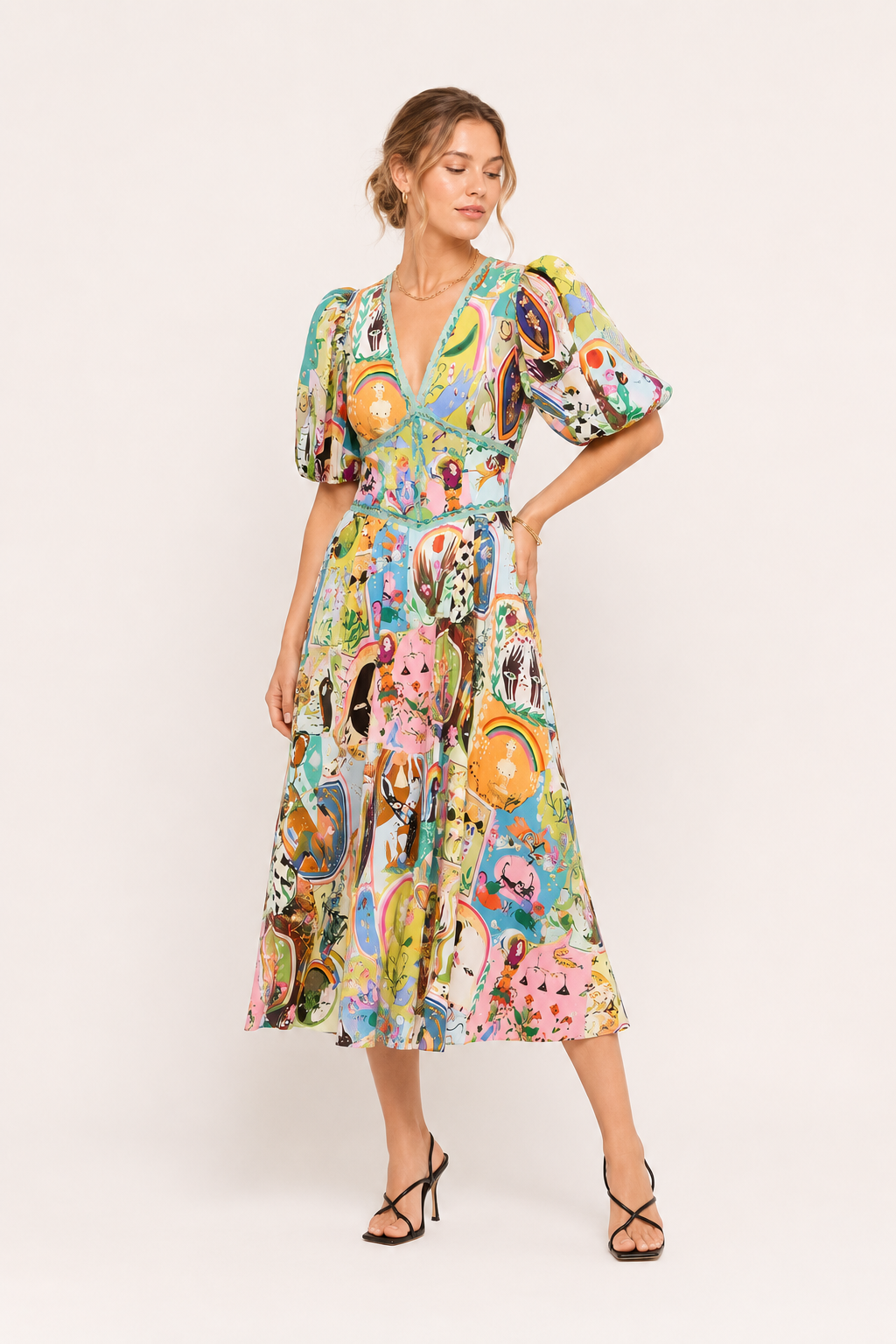 Vestido midi mujer estampado artístico colorido mangas abullonadas verano - Matilda