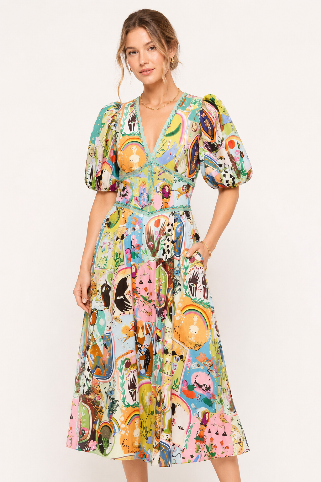 Vestido midi mujer estampado artístico colorido mangas abullonadas verano - Matilda