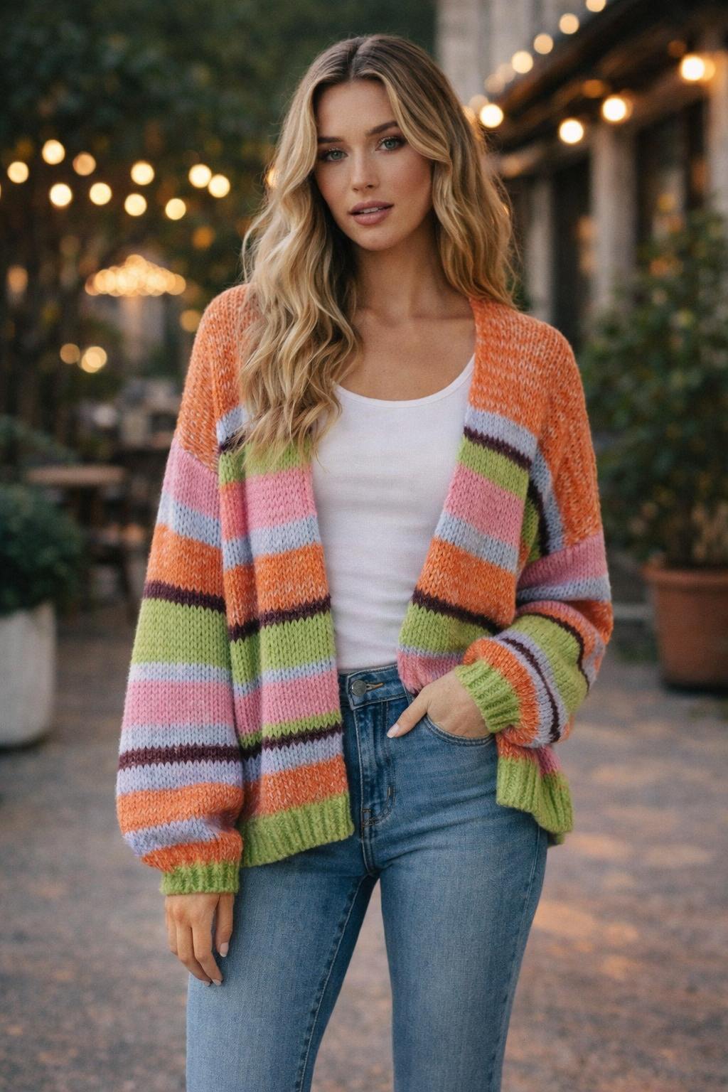 Cardigan de punto mujer escote en v manga larga cierre con boton largo medio para uso diario