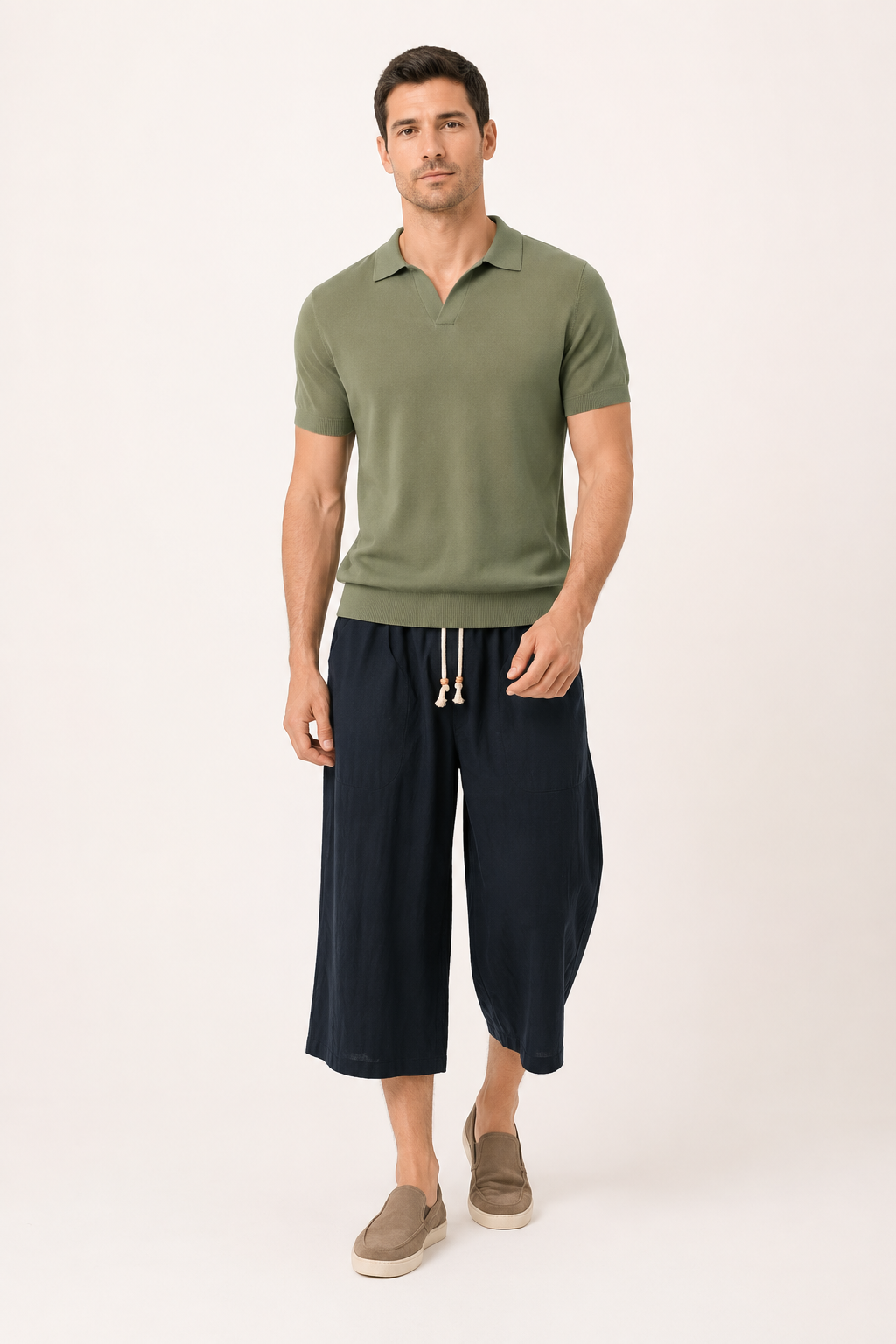 Pantalón cropped hombre cintura elástica cordón bolsillos amplios verano - Alfie