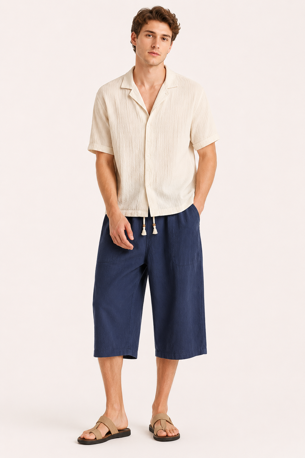 Pantalón cropped hombre cintura elástica cordón bolsillos amplios verano - Alfie