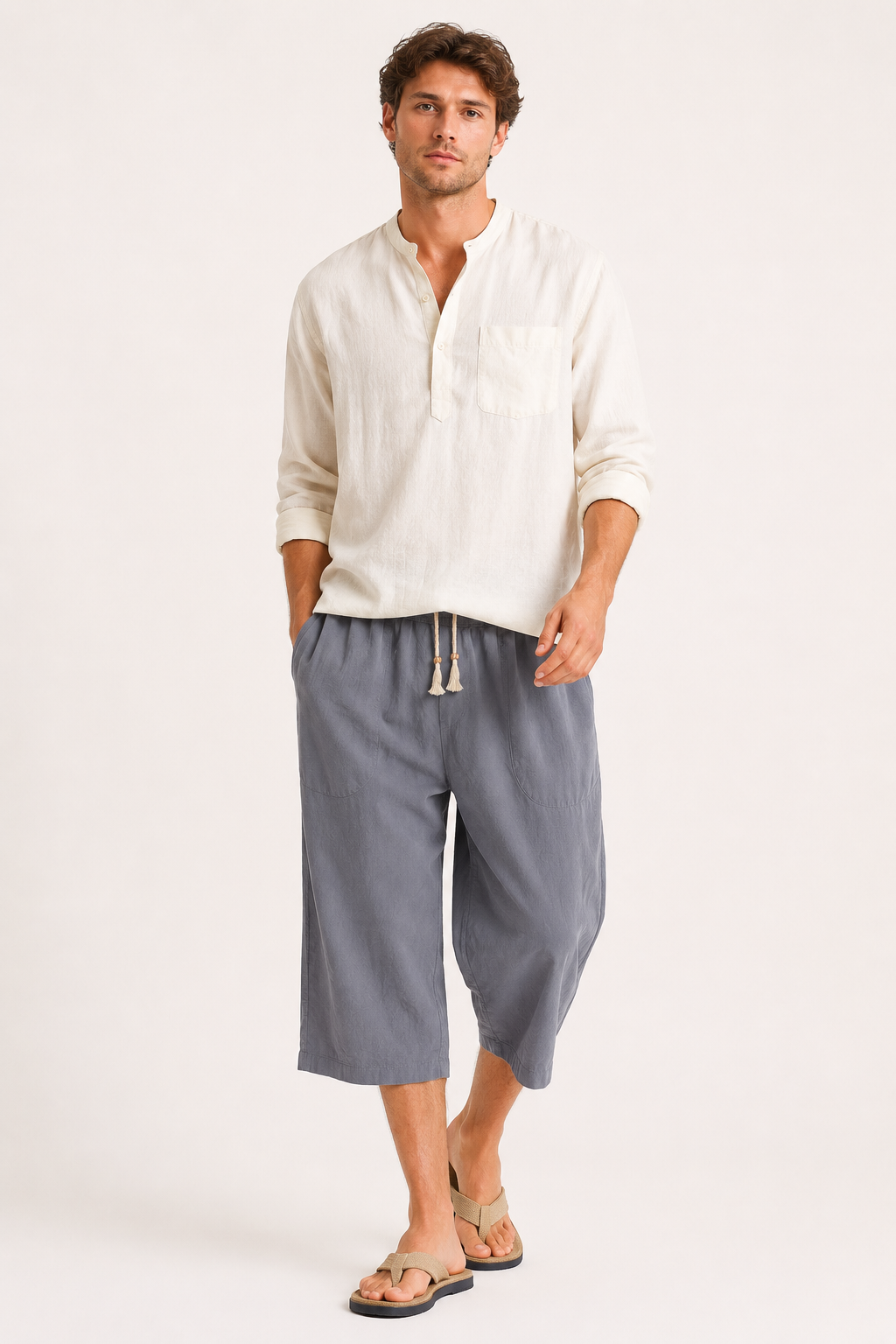 Pantalón cropped hombre cintura elástica cordón bolsillos amplios verano - Alfie