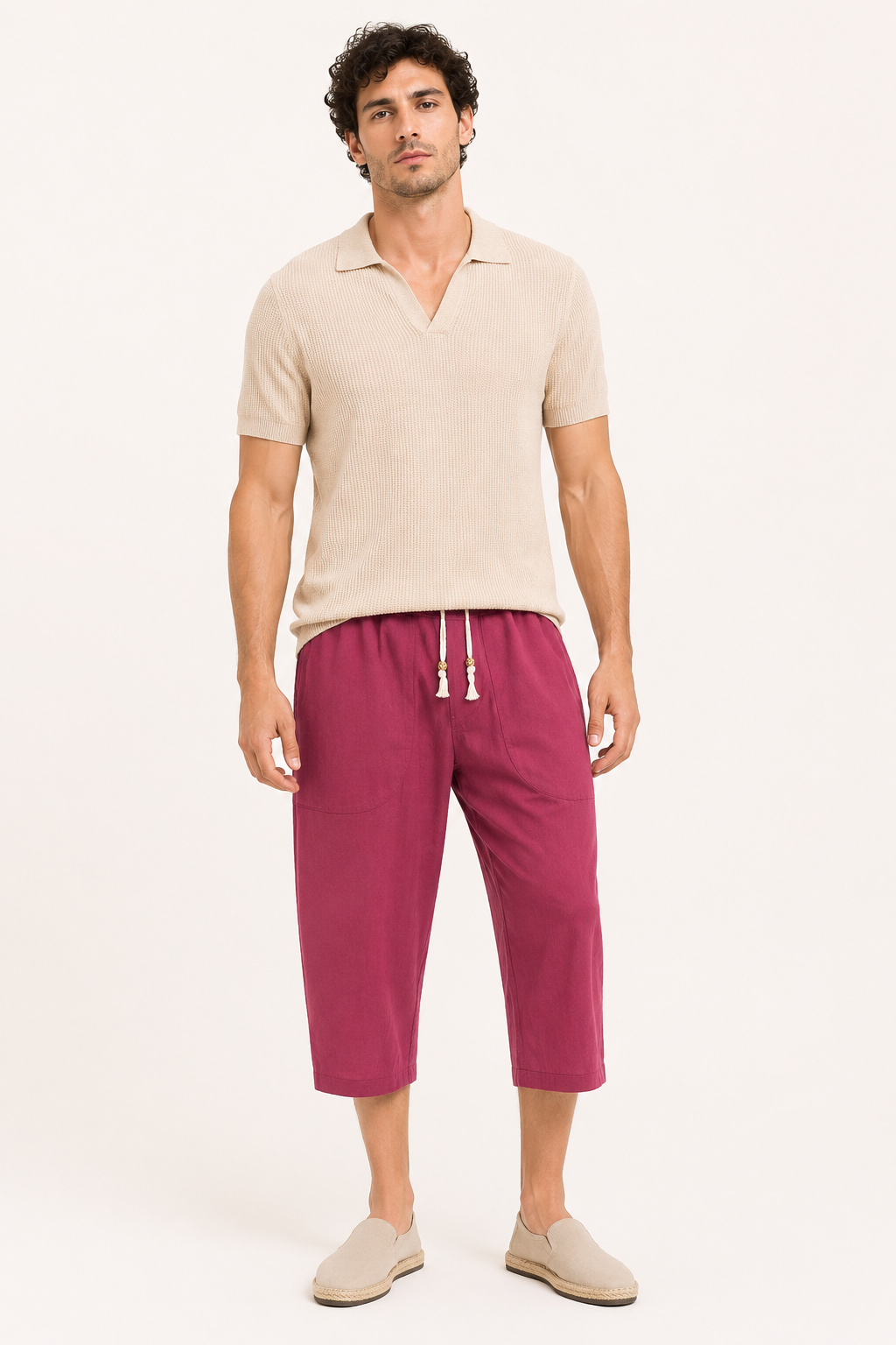 Pantalón cropped hombre cintura elástica cordón bolsillos amplios verano - Alfie