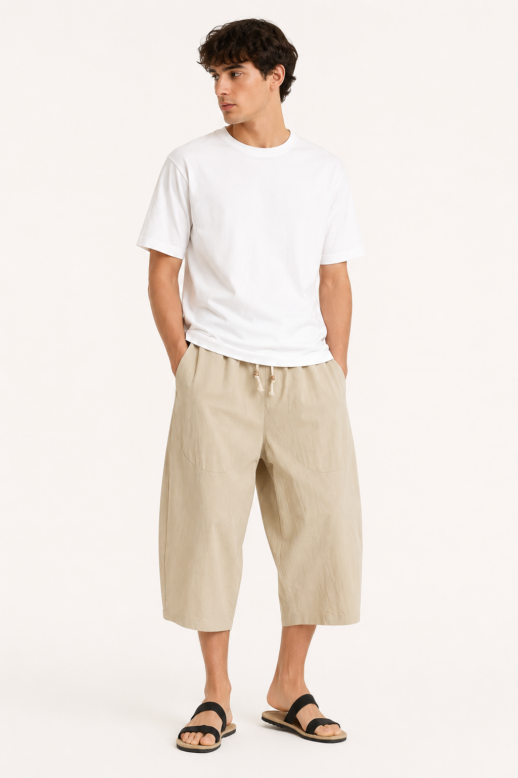 Pantalón cropped hombre cintura elástica cordón bolsillos amplios verano - Alfie