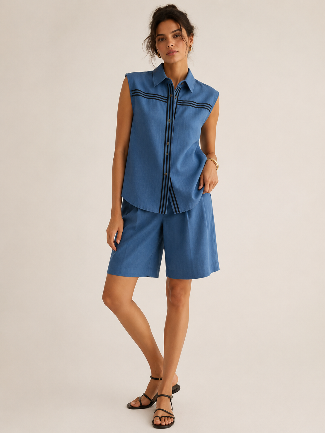 Conjunto mujer dos piezas blusa cuello camisero short largo relajado verano - Serena