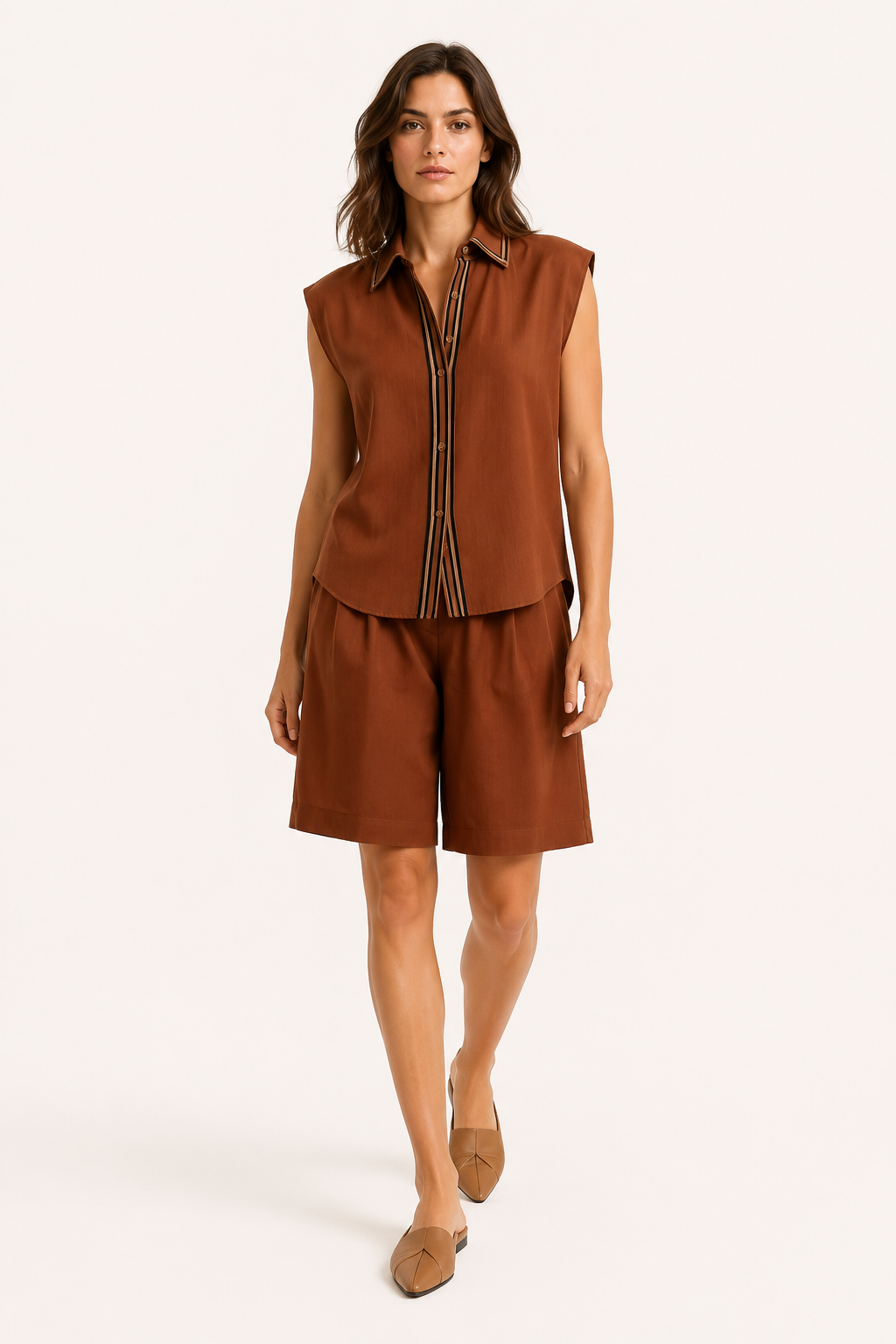 Conjunto mujer dos piezas blusa cuello camisero short largo relajado verano - Serena