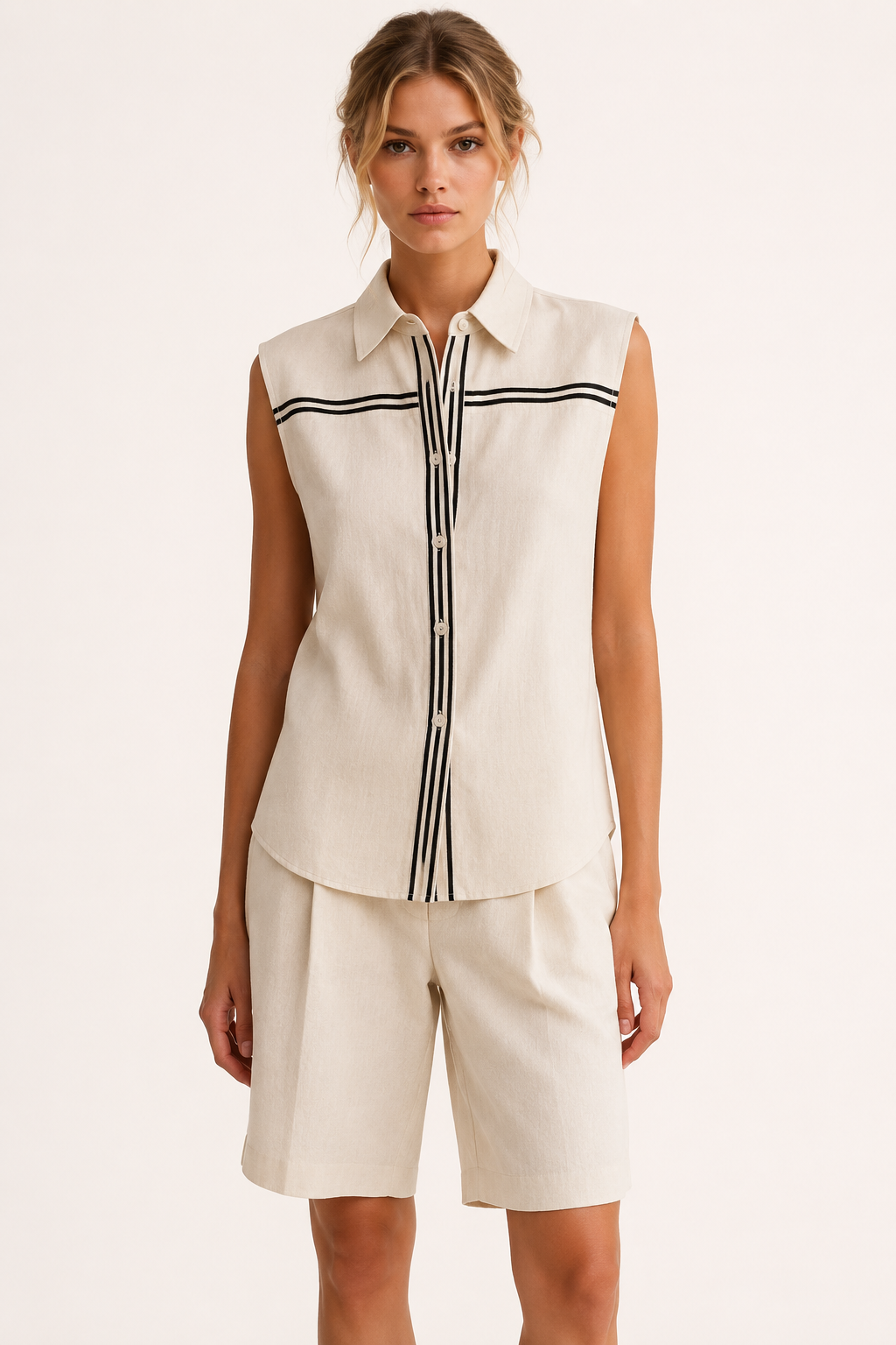Conjunto mujer dos piezas blusa cuello camisero short largo relajado verano - Serena