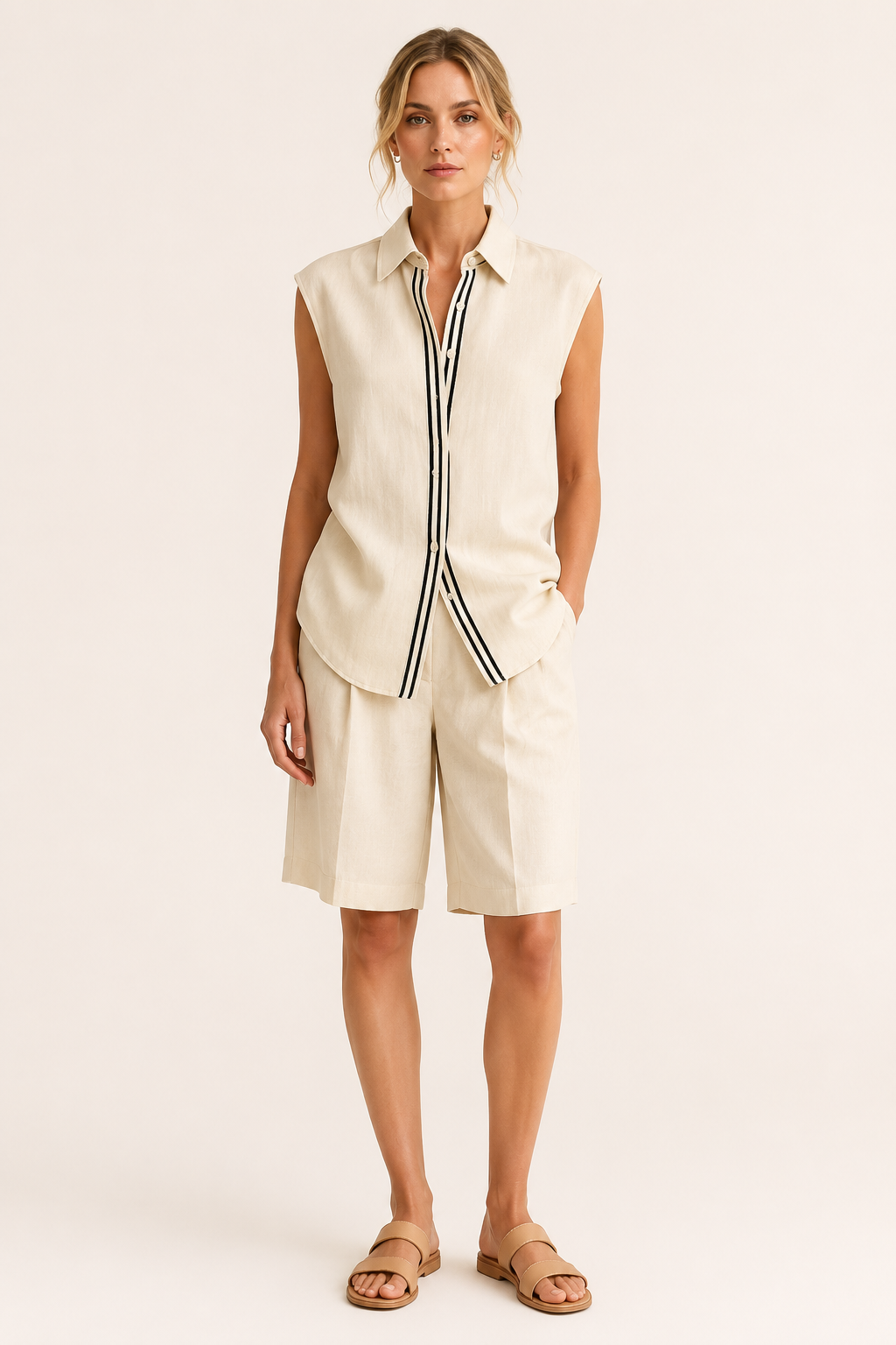Conjunto mujer dos piezas blusa cuello camisero short largo relajado verano - Serena