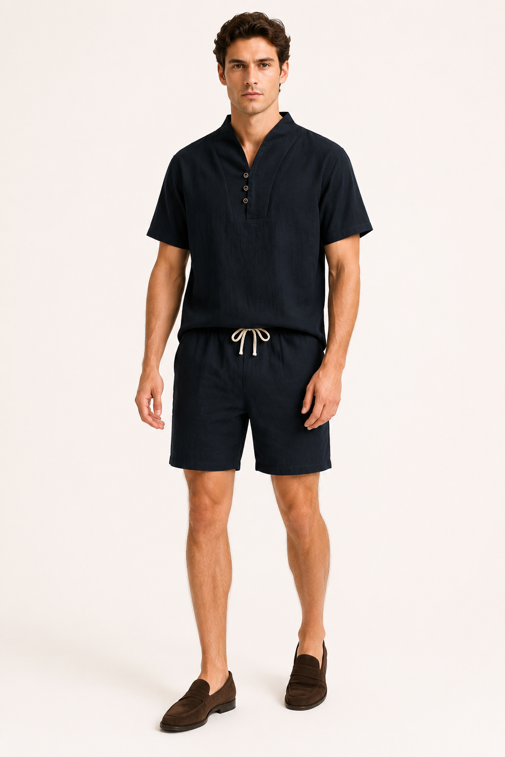 Conjunto hombre lino algodón camisa cuello mao short cintura elástica - Armin