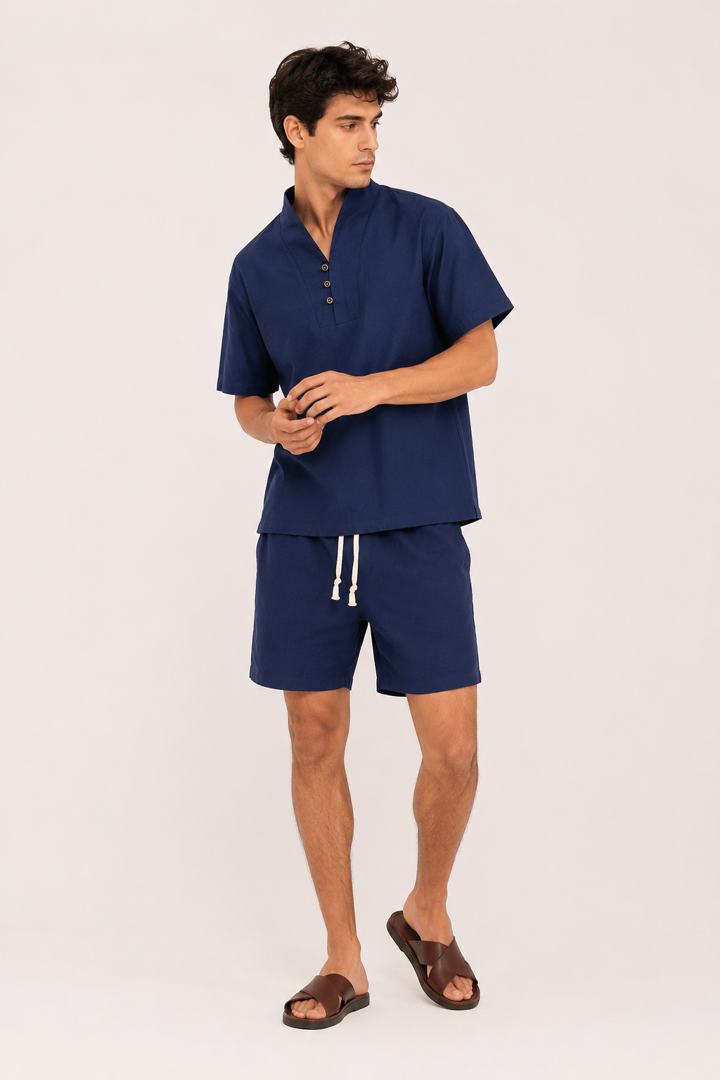 Conjunto hombre lino algodón camisa cuello mao short cintura elástica - Armin