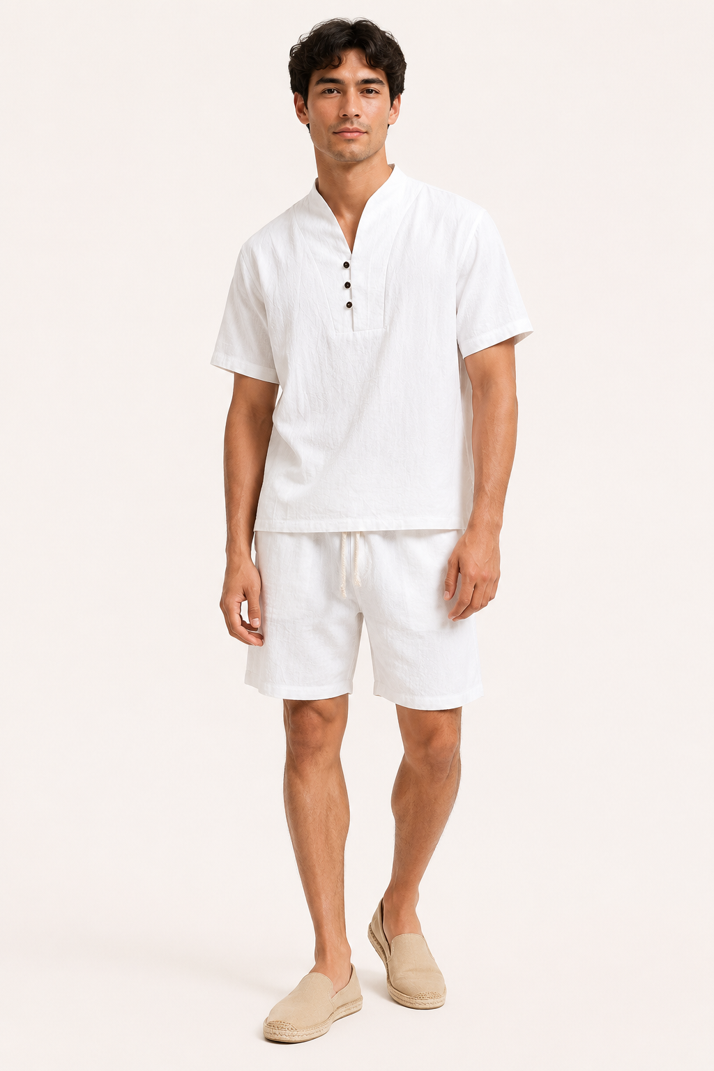 Conjunto hombre lino algodón camisa cuello mao short cintura elástica - Armin