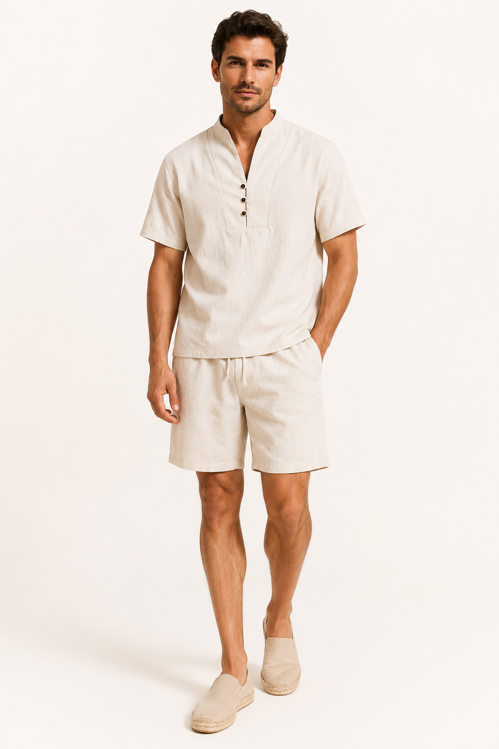 Conjunto hombre lino algodón camisa cuello mao short cintura elástica - Armin
