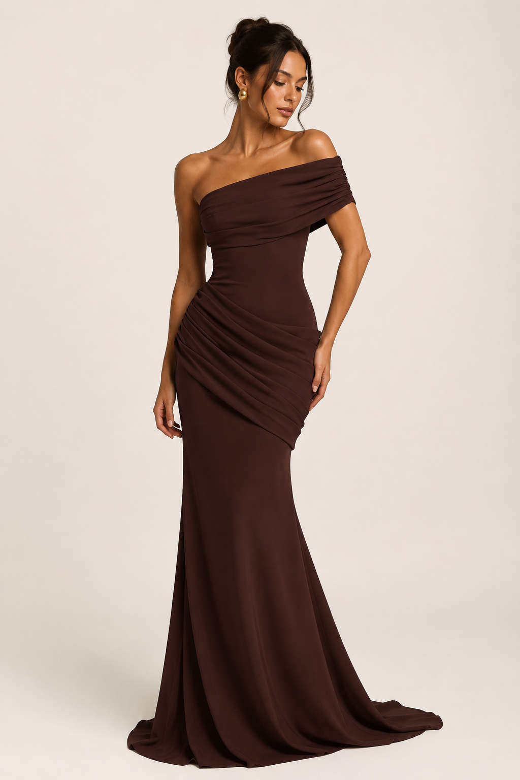 Vestido largo mujer sirena hombro descubierto escote asimétrico pliegues fiesta - Aurelia