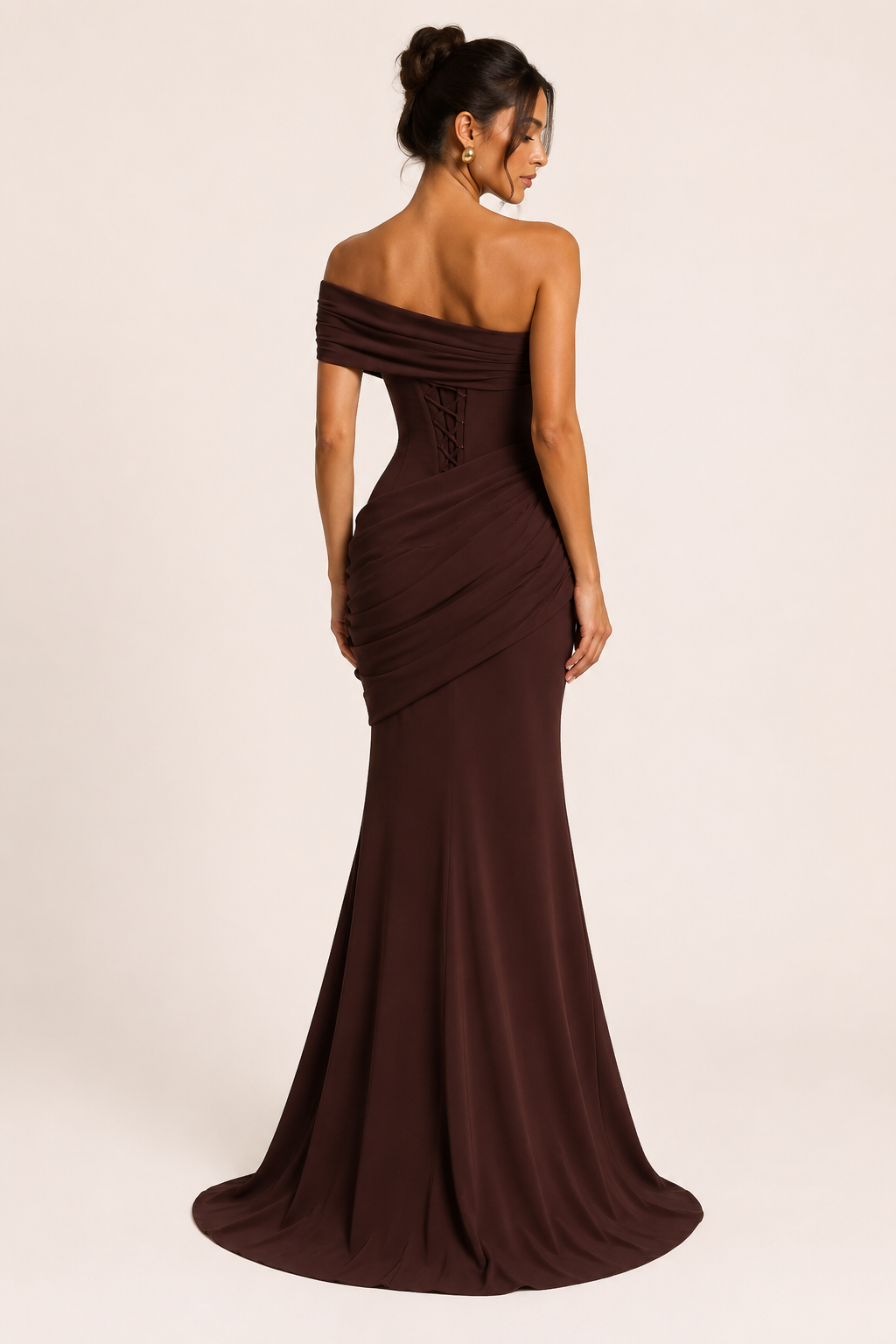 Vestido largo mujer sirena hombro descubierto escote asimétrico pliegues fiesta - Aurelia
