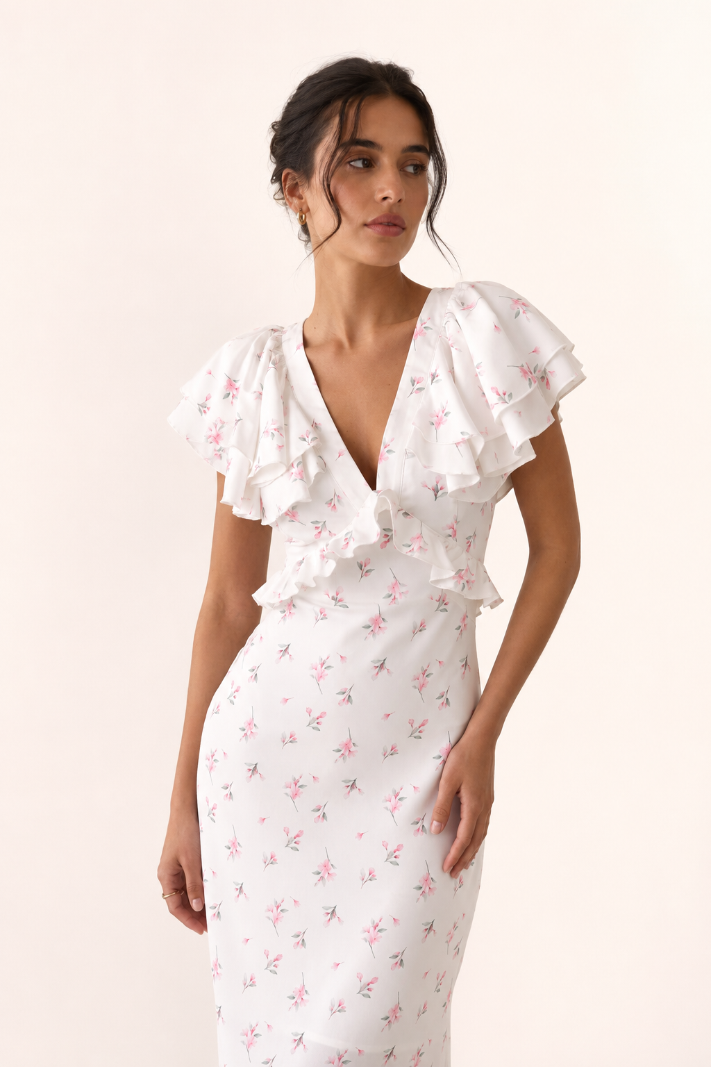 Vestido midi mujer floral volantes hombros escote pico ajustado elegante - Hedda