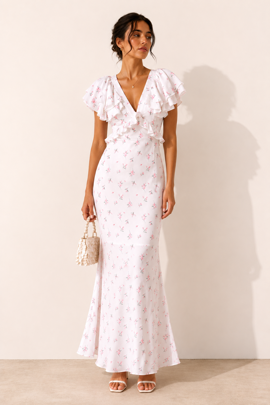 Vestido midi mujer floral volantes hombros escote pico ajustado elegante - Hedda