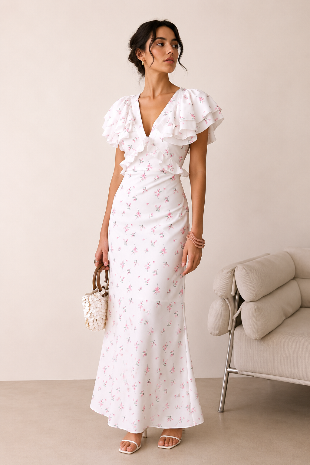 Vestido midi mujer floral volantes hombros escote pico ajustado elegante - Hedda