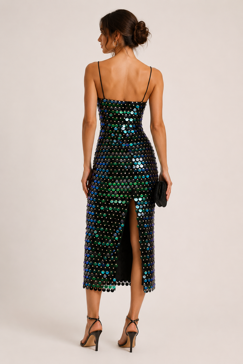 Vestido midi mujer cóctel fiesta tirantes finos acabado brillante lentejuelas - Senta