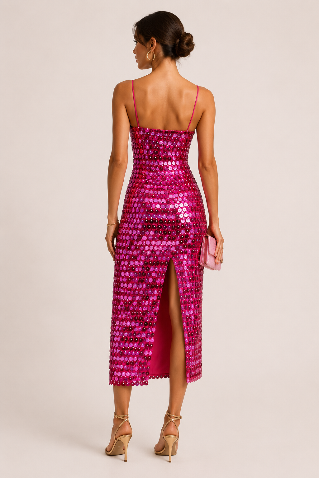 Vestido midi mujer cóctel fiesta tirantes finos acabado brillante lentejuelas - Senta