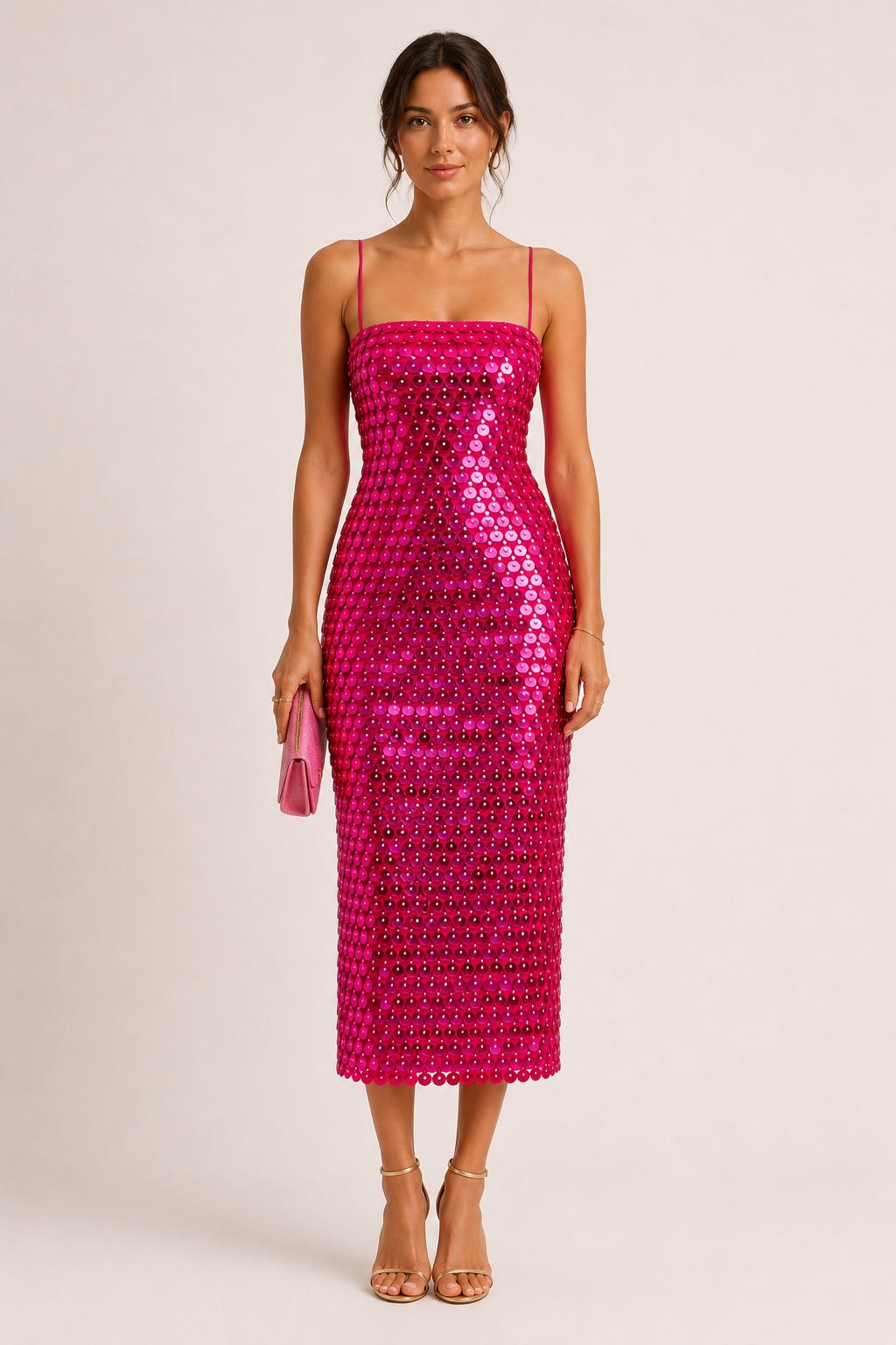 Vestido midi mujer cóctel fiesta tirantes finos acabado brillante lentejuelas - Senta
