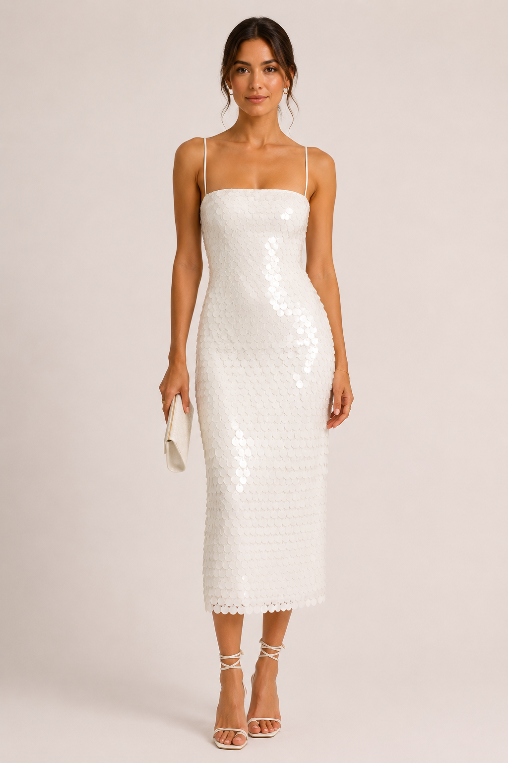 Vestido midi mujer cóctel fiesta tirantes finos acabado brillante lentejuelas - Senta