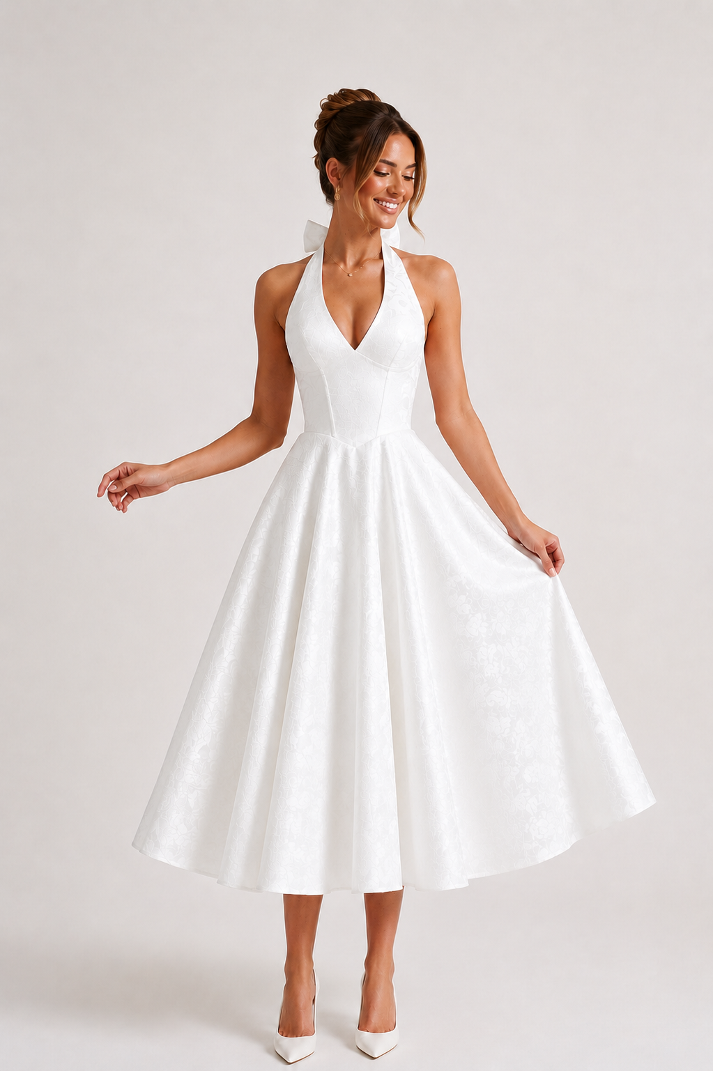 Vestido midi mujer halter falda amplia cintura marcada elegante - Elodie
