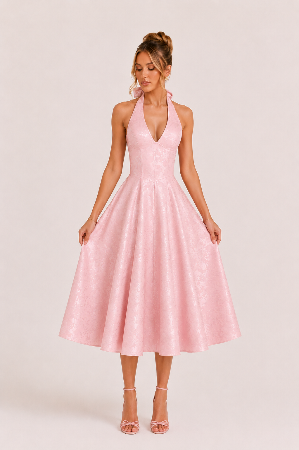 Vestido midi mujer halter falda amplia cintura marcada elegante - Elodie