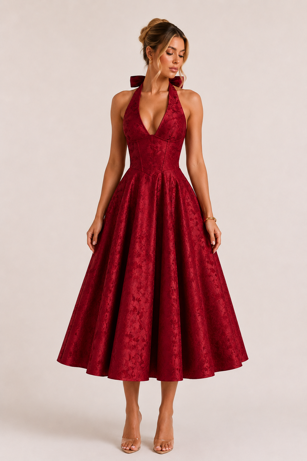 Vestido midi mujer halter falda amplia cintura marcada elegante - Elodie