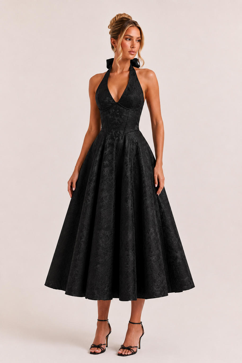 Vestido midi mujer halter falda amplia cintura marcada elegante - Elodie