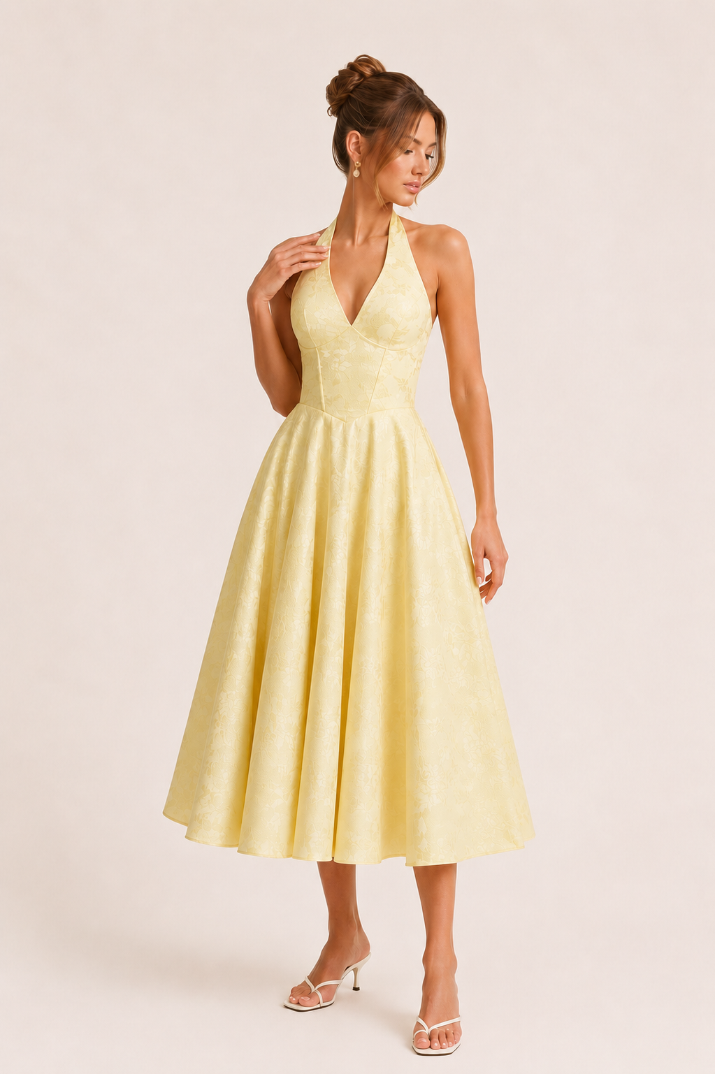 Vestido midi mujer halter falda amplia cintura marcada elegante - Elodie