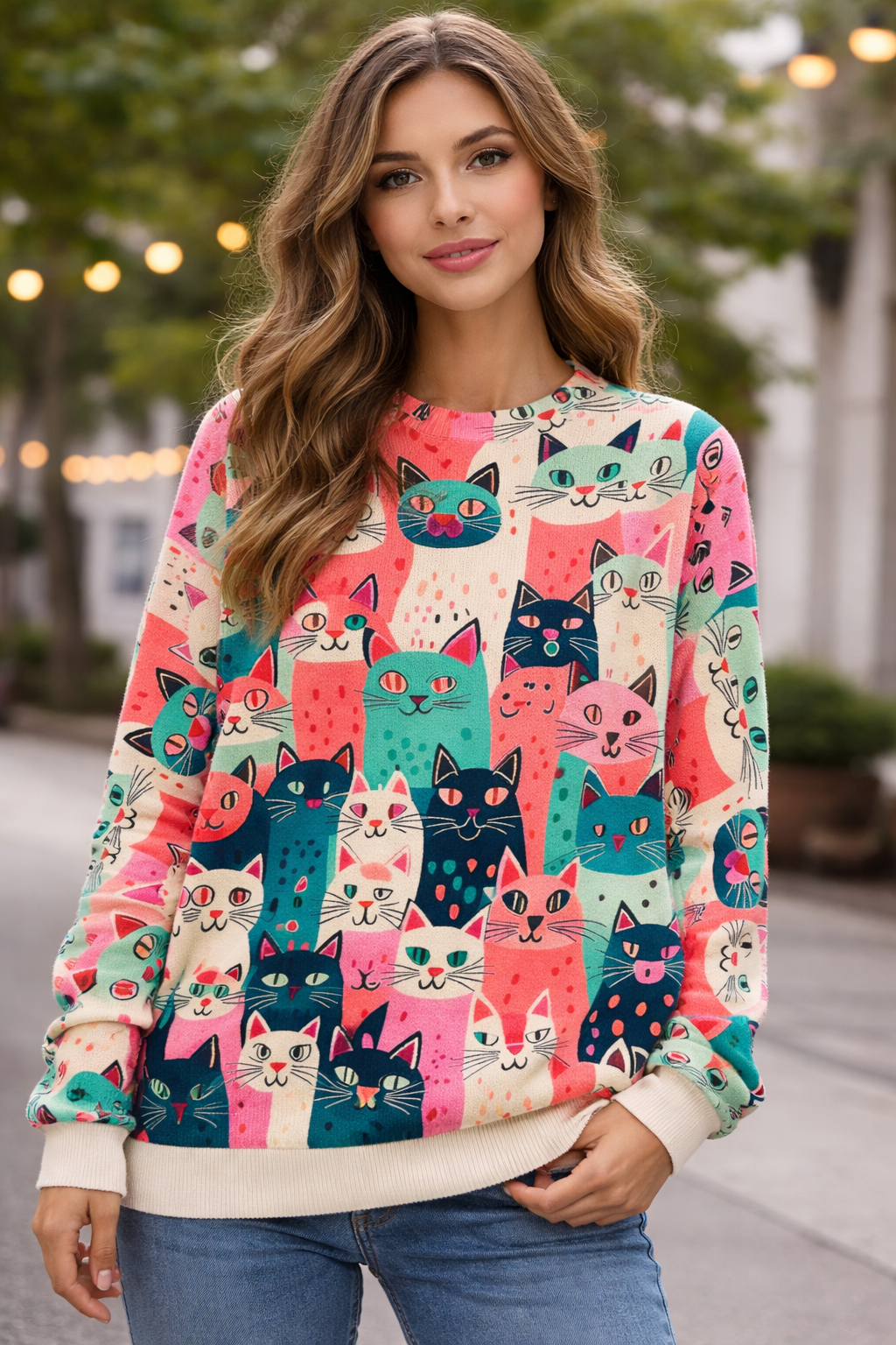 Suéter de mujer con estampado gráfico de gatos en tejido ligero cuello redondo con estilo moderno