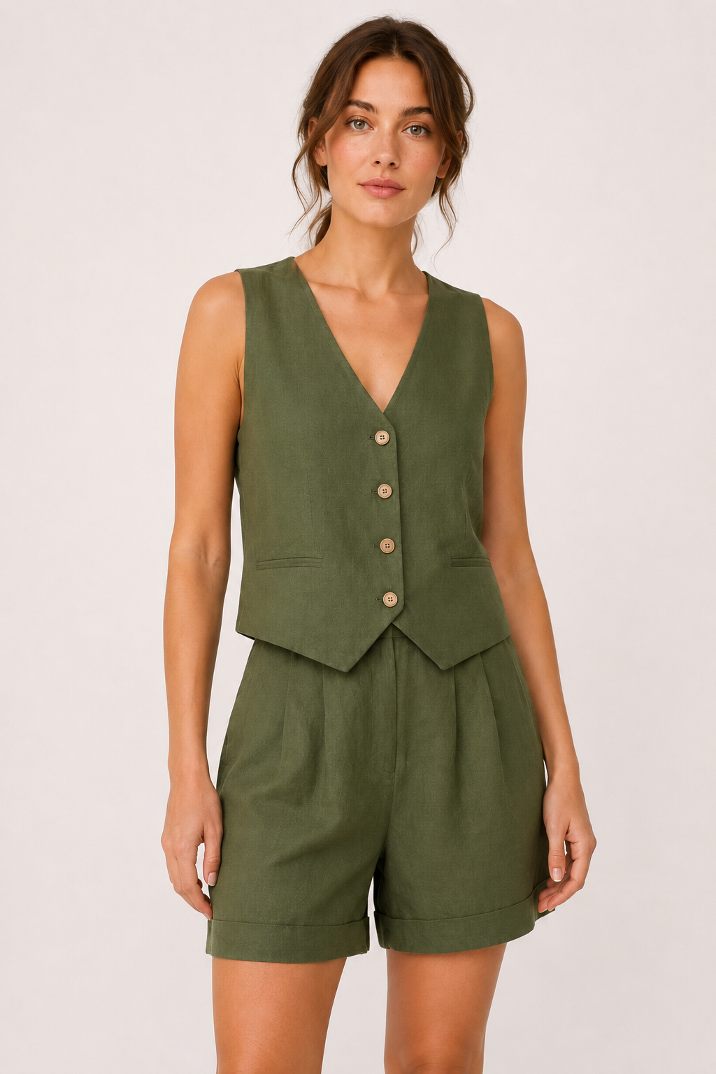 Conjunto mujer chaleco escote V short tiro alto pinzas lino algodón - Rita