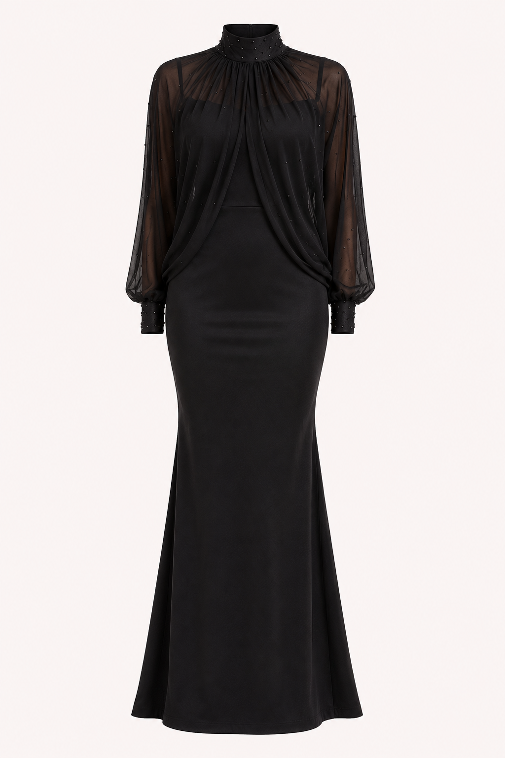 Vestido largo mujer dos piezas corte sirena sobrecapa tul transparente - Celeste
