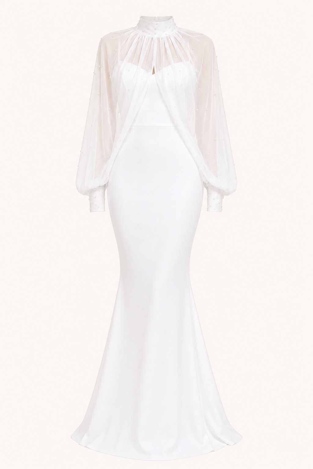 Vestido largo mujer dos piezas corte sirena sobrecapa tul transparente - Celeste