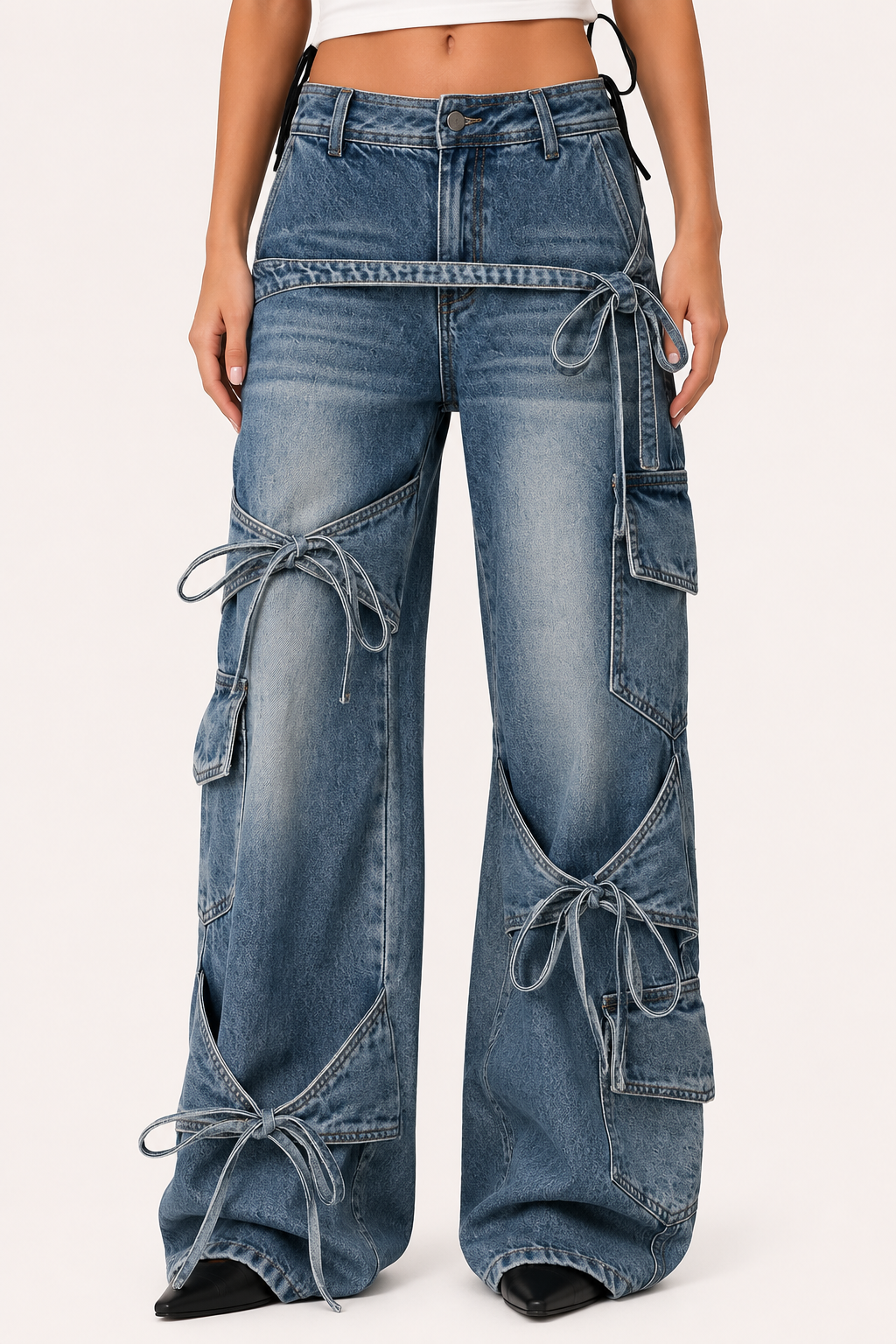 Vaqueros cargo mujer pierna ancha lazos decorativos bolsillos laterales - Ida